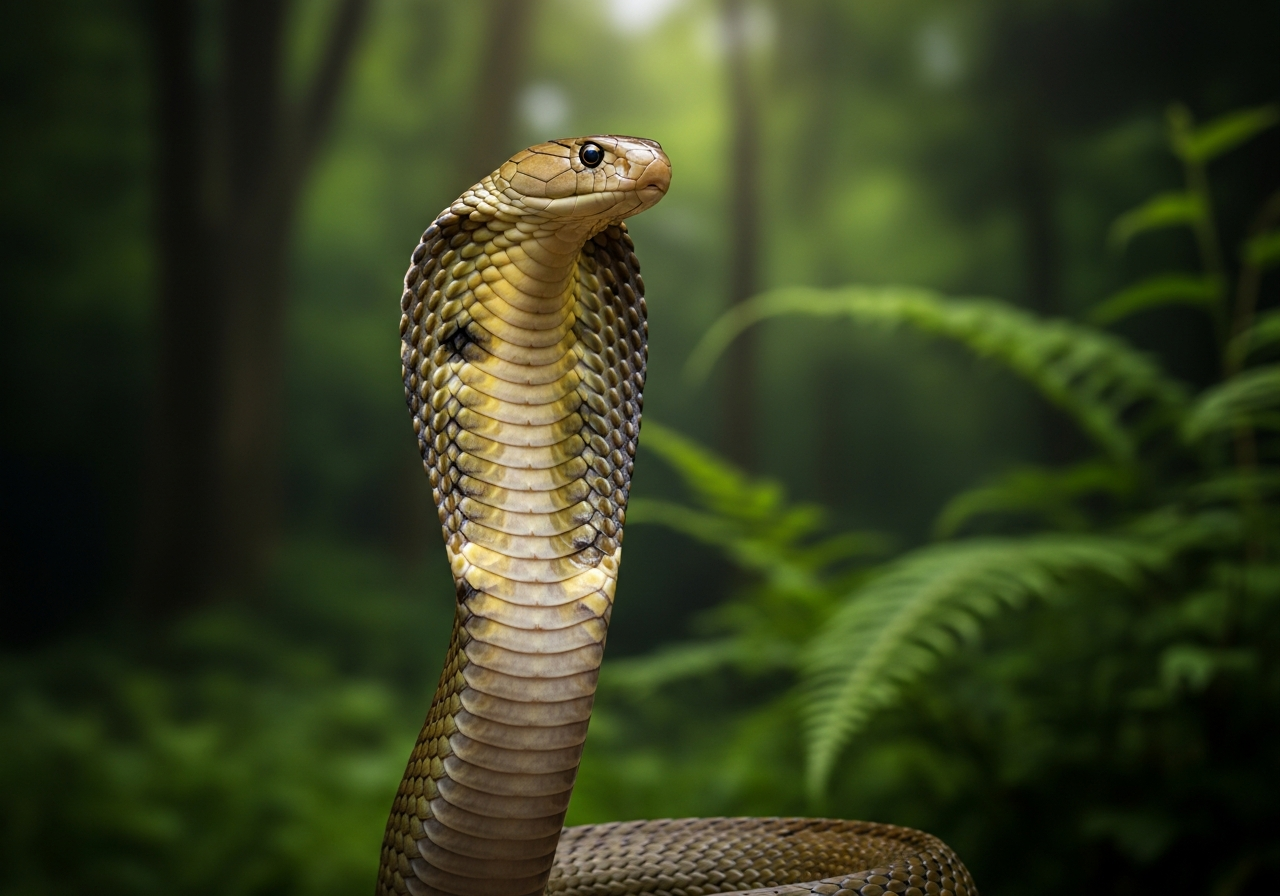 King cobra raised up with its hood spread against a blurred jungle background